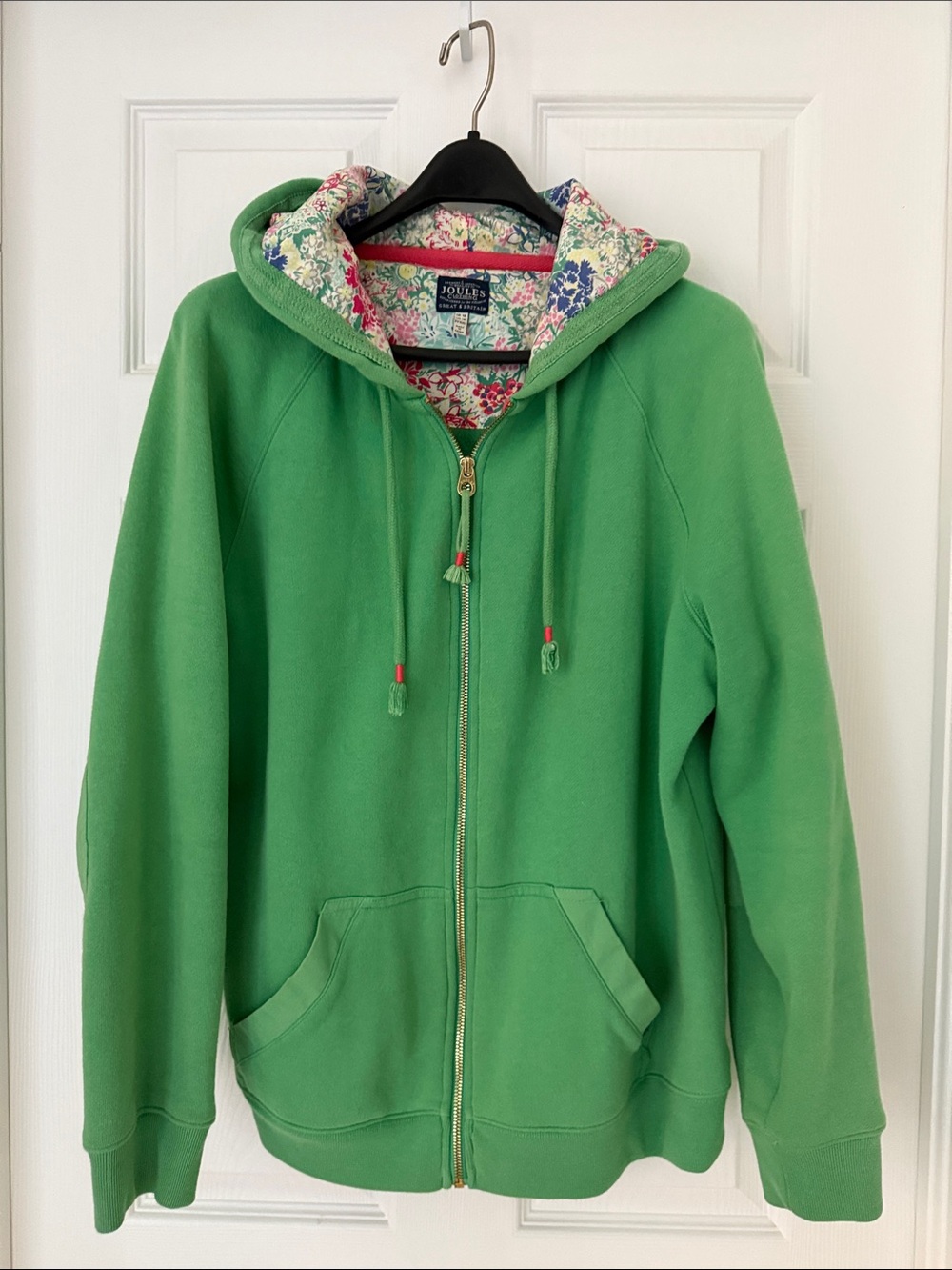 Joules Bright Green Zip Hoodie with Floral Hood Lining, US 14, UK 18 🇬🇧